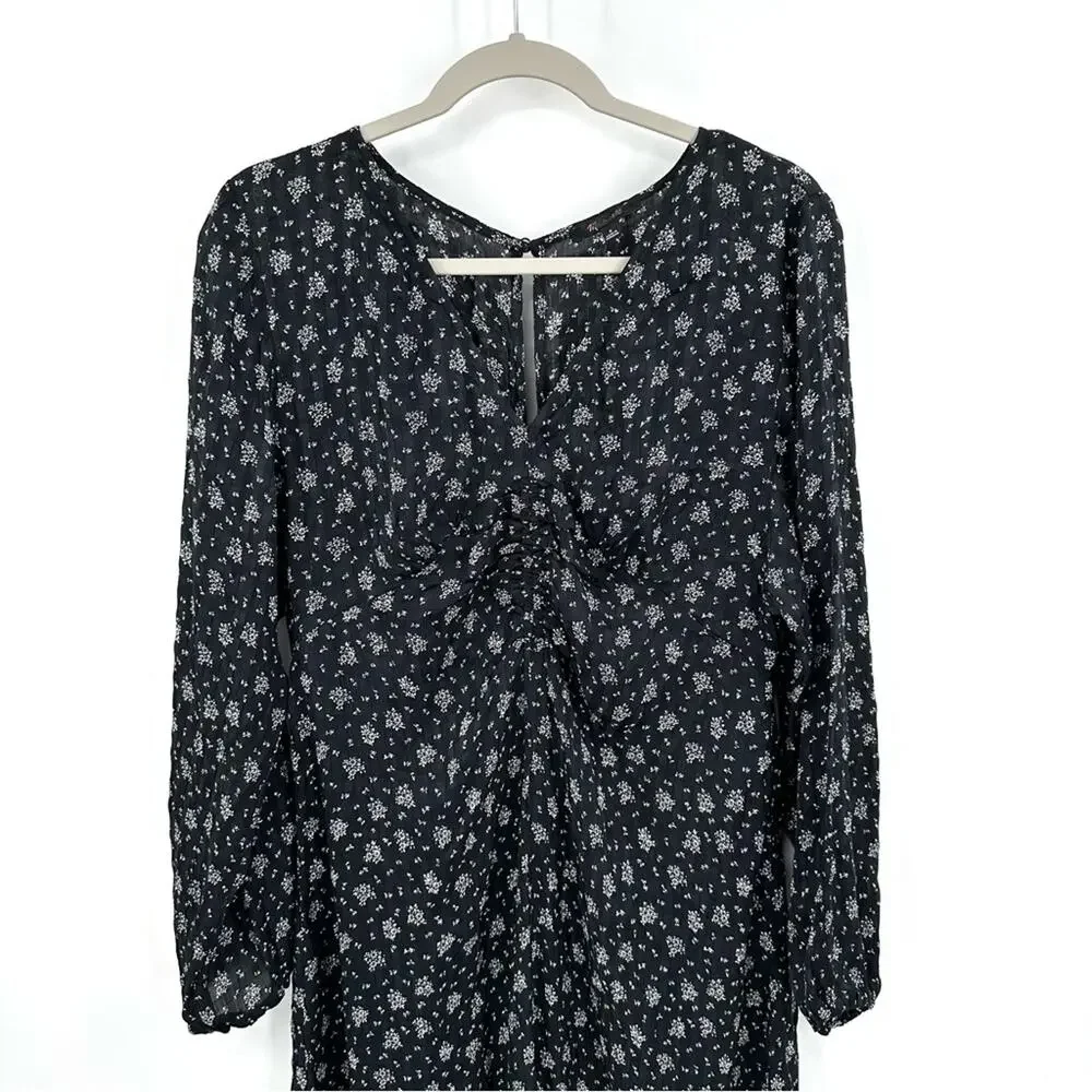 Madewell Floral Ruched Midi Dress in Black Size 8